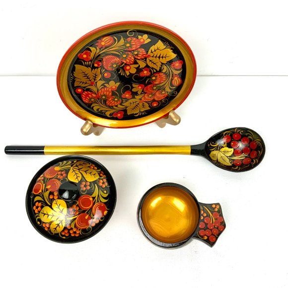 Vintage Russian Lacquerware Khokhloma Set Of 5 Wooden Items - Picture 3 of 16